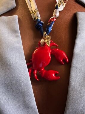 Blue and White Nautical Scarf Necklace with Red Crab Charm & Freshwater Pearl